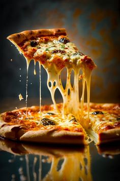 a slice of pizza is being lifted with cheese