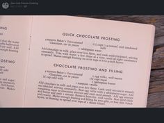 an open book with instructions on how to make chocolate frosting