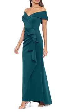 An off-the-shoulder neckline brings enchanting allure to an elegant trumpet gown fashioned with flattering ruching and a cascading ruffle skirt. 51" center front length ( size 8) Off-the-shoulder neck Cap sleeves Lined 95% polyester, 5% spandex Dry clean Made in the USA Olive Green Formal Dress, Scuba Gown, Lux Dress, Mob Dress, Knit Gown, Mini Prom Dresses, Ruffle Gown, Scuba Knit, Fashion Nova Outfits