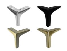 four different types of metal brackets on a white background, including one black and one gold