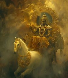 a painting of a man riding on the back of a white horse next to a golden throne