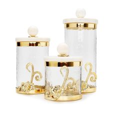 Glass Canister w/Gold Lotus Flower Décor & Marble Lid Large Glass Canisters, Gold Kitchen Accessories, Kitchen Storage Canisters, Gold Knobs, Coffee Bar Home, Gold Lotus, Gold Kitchen, Glass Canisters, Storage Canisters