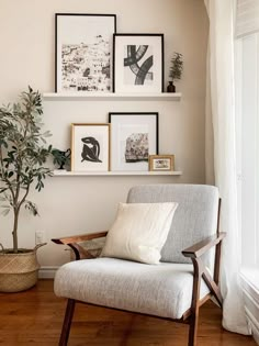 a living room with pictures on the wall and a chair next to a potted plant