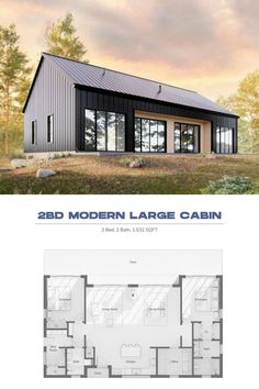 Two images. Modern Large Cabin above - Floor plan below Chalet Modern, Metal Building House Plans, Barn Style House Plans, Small House Floor Plans, Cabin House Plans, Modern Style House Plans, Bedroom Style