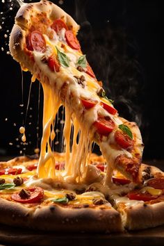 a slice of pizza being lifted with a spatula from the top on a wooden cutting board