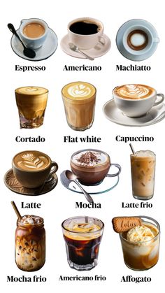 different types of coffee are shown in this poster