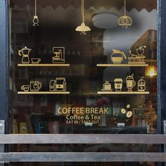 the coffee break sign is on the glass window