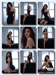 a collage of photos with a woman in black dress sitting on a couch and posing for the camera