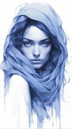 a drawing of a woman with blue hair wearing a scarf over her head and looking at the camera