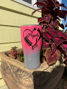 a pink and blue cup sitting on top of a planter next to a potted plant