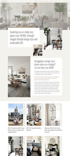 the interior design website is displayed in white and gray colors, with pictures on it