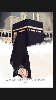 an illustration of a man praying in front of the ka'bah, and we created you in pairs