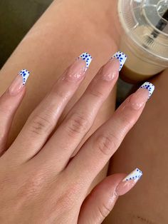 White French Tip With Blue Dots, White French Tips With Blue Design, Navy White Nails, French Tip With Dots, French Nails With Blue, Royal Blue And White Nails, Royal Blue Nails Designs, Em Nails, Hoco Nails