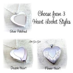 Wear your favorite photo of your loved ones on a solid 925 Sterling Silver Double Heart Locket. Back side is engravable with text of you choice, try to limit to one word. Comes on a 20 inch Sterling Silver Link Chain with lobster clasp. This makes a personalized and timeless treasure that you can enjoy for years to come... Choose from 3 locket styles - Silver Polished, Double Heart or the Flower Heart design. Please see photos for samples of each and make your selection from the drop down menu. Heart Locket Bracelet, Photo Charm Bracelet, Small Heart Necklace, Picture Locket, Silver Link Chain, Genuine Leather Bracelet, Photo Charms, Locket Charms, Photo Locket