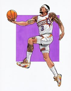 a drawing of a basketball player with tattoos on his arms and legs, holding a basketball