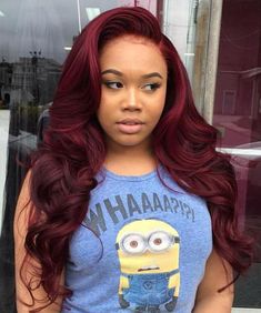 Long Curly Burgundy Sew In Hairstyle Trendy We Fryzurach, Red Wig, Sew In Hairstyles, Wavy Wigs, Remy Human Hair Wigs, Peinados Fáciles Para Cabello Corto, Burgundy Hair, Long Wigs