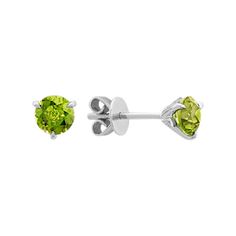 These vibrant  unique stud earrings feature two round green peridot gemstones  at approximately 1.16 carats total weight. Each exquisite  hand-matched gemstone is prong-set in quality sterling silver and measure 5mm wide. Classic Peridot Birthstone Jewelry, Classic Peridot Jewelry With Prong Setting, Classic Green Peridot Earrings, Unique Stud Earrings, Citrine Earrings Studs, Unique Studs, Halo Diamond Earrings, Stud Earrings Unique, Amethyst Studs