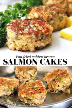 salmon cakes on a plate with lemon wedges and parsley sprig in the background