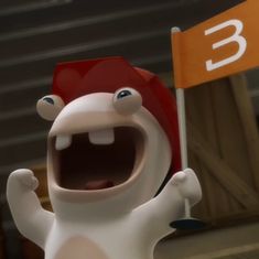 a close up of a cartoon character holding a flag with its mouth open and tongue out