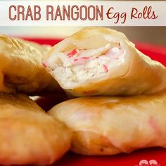 crab rangoon egg rolls on a red plate with the words crab rangoon egg rolls