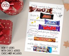 a greeting card with chocolate bars and christmas decorations