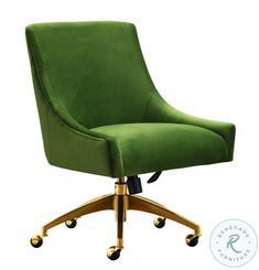 a green office chair with gold wheels and casteors