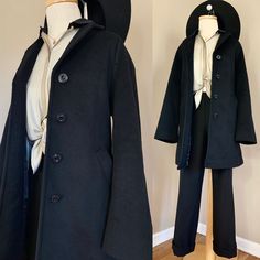 "Kristen Blake Black Lined Woven Poly Peacoat XS  This classic wool peacoat is the softest coat in the shop.  Size: XS  Measurements:  Length: 33\"  Armpit to Armpit: 19\" Shoulder to shoulder: 10\"  Sleeve Length: 17\"  Key Points:  📌 Wool Peacoat  📌 Front Pockets and inside pocket !  📌 Lined  No problem to note Added a shoppable look 🙂" Fitted Wool Coat For Cold Fall Weather, Hooded Pea Coat With Buttons For Workwear, Hooded Pea Coat For Workwear, Fall Single-breasted Peacoat, Classic Hooded Pea Coat For Fall, Hooded Wool Coat For Fall Workwear, Fall Black Single-breasted Peacoat, Hooded Wool Pea Coat For Work, Wool Pea Coat For Spring Cold Weather