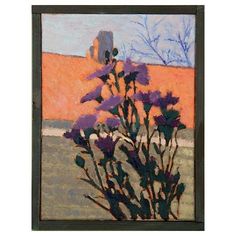 a painting of purple flowers in front of an orange sky