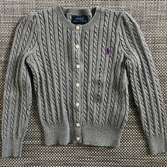 New Girl's "Polo Ralph Lauren" Grey Cable Knit Sweater, Signature Rl Purple Pony, Size: 5, Made In Cambodia Classic Purple Winter Tops, Outfits With Grey Cardigan, Lauren Grey, Blue Cable Knit Sweater, Tom Boy, Grey Cable Knit Sweater, Varsity Sweater, Toddler Sweater, Cable Sweater