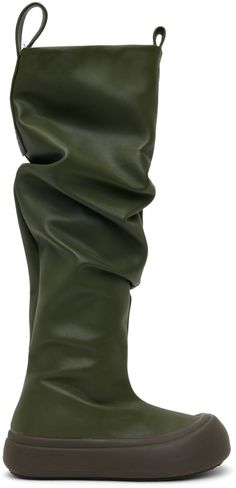 Knee-high buffed faux-leather boots in green. · Gathering throughout · Rubber cap toe · Pull-loops at collar · Logo embossed at heel tab · Padded footbed · Logo embossed at midsole · Treaded rubber platform sole · Platform: H1.75 Supplier color: Forest vegan leather Fisherman Boots, Faux Leather Boots, Mid Calf, Black Boots, Leather Boots, Knee High, Apparel Accessories, Rubber Sole, Vegan Leather