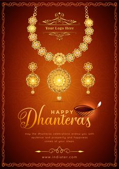 happy dhanteeras with golden jewelry on brown background