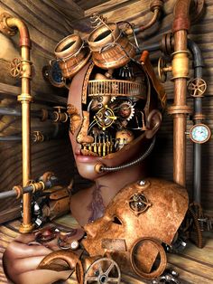 a woman's face is surrounded by mechanical parts