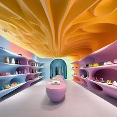 Retail shop interior inspiration, minimalistic white interior with an eye-catching futuristic ombré ceiling. Avantgarde Interior Design, Minimalist Store Design Interiors, Retail Ceiling Design, Showroom Interior Design Concept Stores, Futuristic Design Interior, Futuristic Store, Fantasyland Hotel, Store Architecture, Calming Interiors