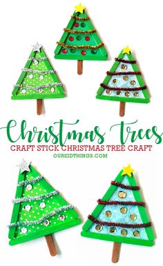 four christmas trees made out of popsicle sticks with buttons on them and the words christmas trees craft stick christmas tree crafts