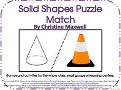 a poster with the words solid shapes puzzle match and an orange traffic cone on it