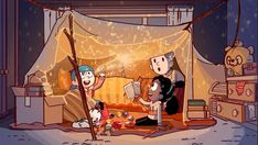 cartoon characters are sitting in front of a fire place with an open curtain on it