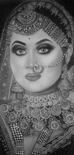 a black and white drawing of a woman wearing an elaborate head piece with pearls on her nose