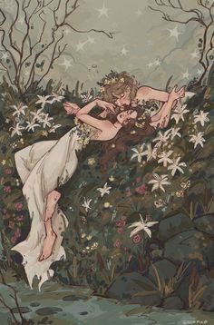 a painting of two women laying on the ground with flowers in their hair and holding hands