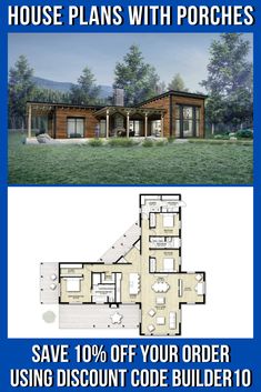 two story house plans with the words contemporary house plan save 10 % off your order using discount code builder 10