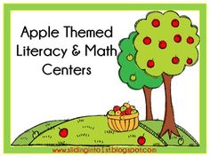 an apple themed library and math center with apples in a basket next to a tree