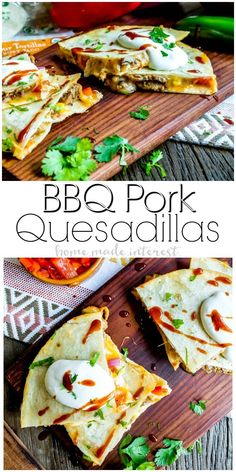 bbq pork quesadillas on a cutting board with cheese and cilantro