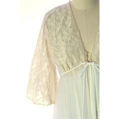 This is one beautiful nylon peignoir ( robe& nightgown) by Val Mode in virginal white, new without tags-I just cleaned out a collection of vintage unworn lingerie including Vanity Fair, Miss Alice, Miss Elaine and more- so check back!The sleeveless 100% nylon nightgown has an empire waist with See-through nude lace cups in the bodice. The robe has the same sheer lace bodice in nude, and 3/4 sleeves in same fabric. The body of the robe is 2 layers of pure white nylon chiffon. The sweep on the Fitted Sheer White Robe, White Sheer Summer Robe, White Lace Robe For Daywear, Vintage White Lace Nightgown, White Lace Vintage Nightgown, Vintage White Daywear Robe, White Fitted Vintage Nightgown, Vintage White Robe For Daywear, Vintage White Sleepwear For Loungewear