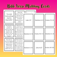 the bible verse matching cards are shown in pink, yellow and orange colors with text that reads