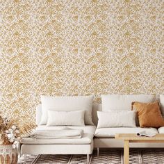 Living room wall featuring the Florence Peel and Stick Wallpaper in Ochre yellow and white by Jackie O'Bosky. These floral silhouettes make a beautiful accent wall or statement wall! Florence Wallpaper, Cottage Core Style, Floral Silhouette, Ochre Yellow, How To Install Wallpaper, Jackie O, Wallpaper Calculator, Vintage Cottage, Romantic Look