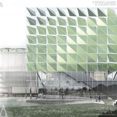 an architectural rendering of a building with green and white squares on the front, as well as people walking in the background