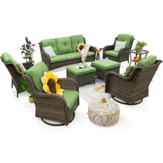 an outdoor furniture set with green cushions and sunflowers on the back, in front of a white background