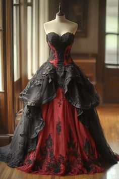 Gothic Victorian Prom Dress Black Red Corset Applique Lace Ruffles Medieval.  "This pin contains affiliate links, which means I may earn a commission at no cost to you extra for you". 
 #affiliate #advertising" Vampire Quince, Goth Prom Outfit, Goth Ball Gown, Red And Black Wedding Dress, Victorian Prom Dress, Victorian Prom, Crochet With Wire, Gothic Victorian Dresses, Mother Of The Bride Suits