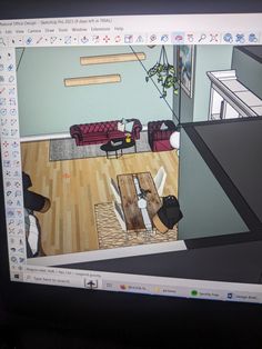 a computer screen with a drawing of a living room and dining room in the background