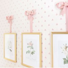 three framed pictures hang on the wall next to each other with pink bows and flowers