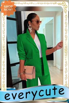 Solid Color Office Lady Blazer Two Piece Shorts Suit Summer Office Solid Color Sets, Solid Color Office Sets For Summer, Summer Office Sets In Solid Color, Elegant Green Sets With Pockets, Chic Green Solid Color Sets, Summer Solid Color Office Pantsuit, Summer Office Pantsuit In Solid Color, Summer Office Pantsuit, Green Workwear Sets With Pockets